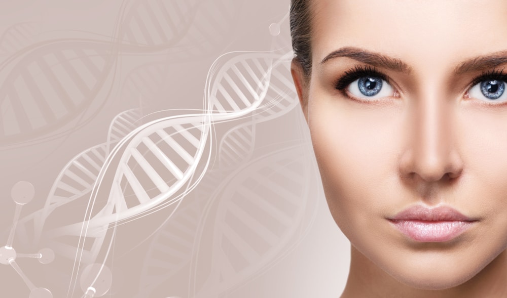 A close-up shot of a woman's face with DNA chains in the background