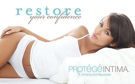 Protégé Intima promotional image with woman in white attire.
